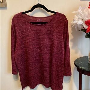 Croft & Barrow Women's Maroon Striped 3/4 Sleeve Top w/Tiny Sequins Sz XXL